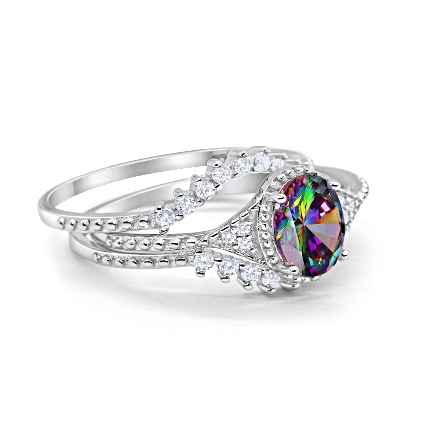 Three Piece Art Deco Simulated Rainbow CZ Wedding Ring