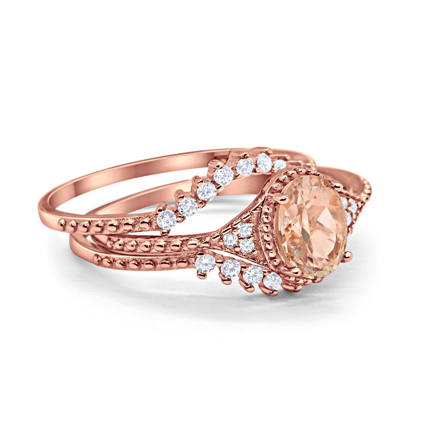 Three Piece Rose Tone, Simulated Morganite CZ Wedding Ring