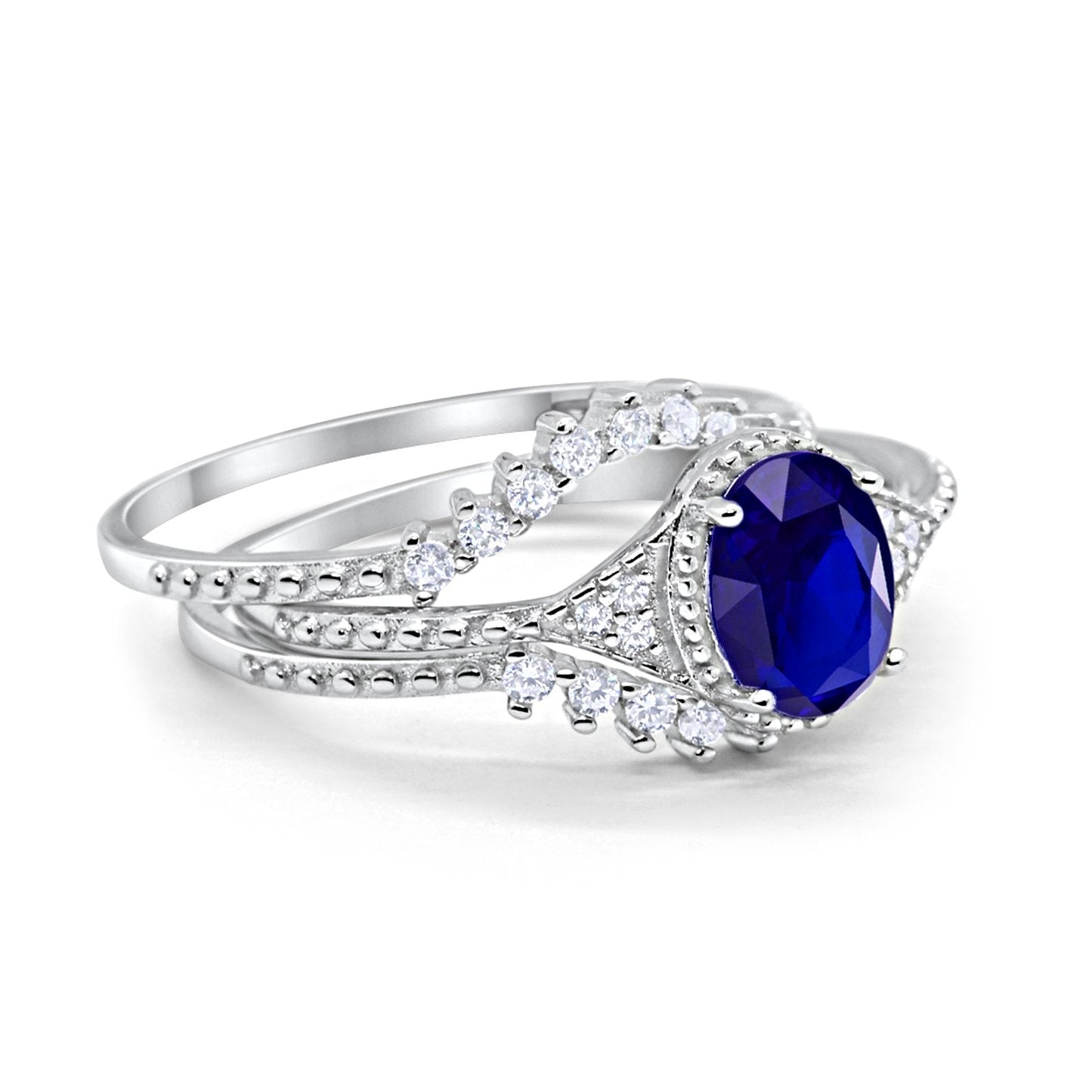 Three Piece Art Deco Simulated Blue Sapphire CZ Wedding Ring