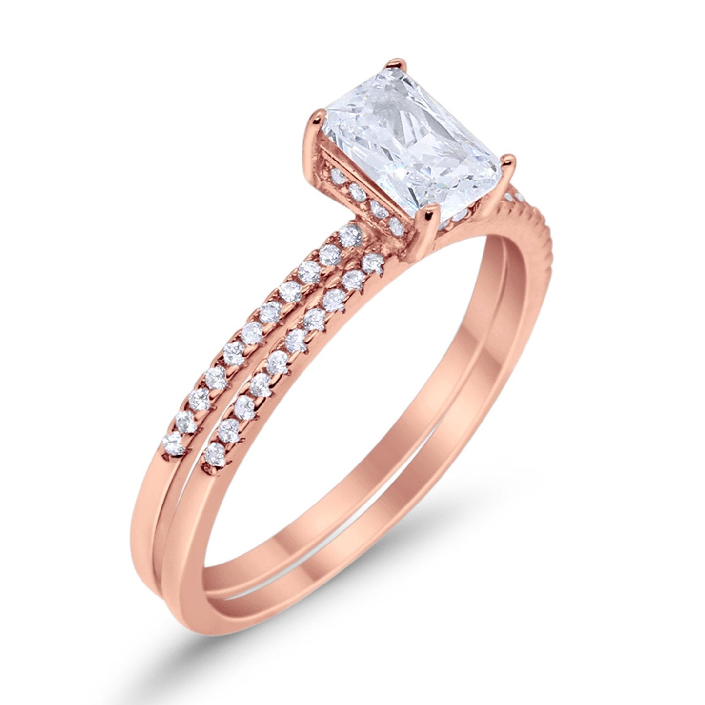 Art Deco Two Piece Wedding Radiant Rose Tone, Simulated Cubic Zirconia Ring