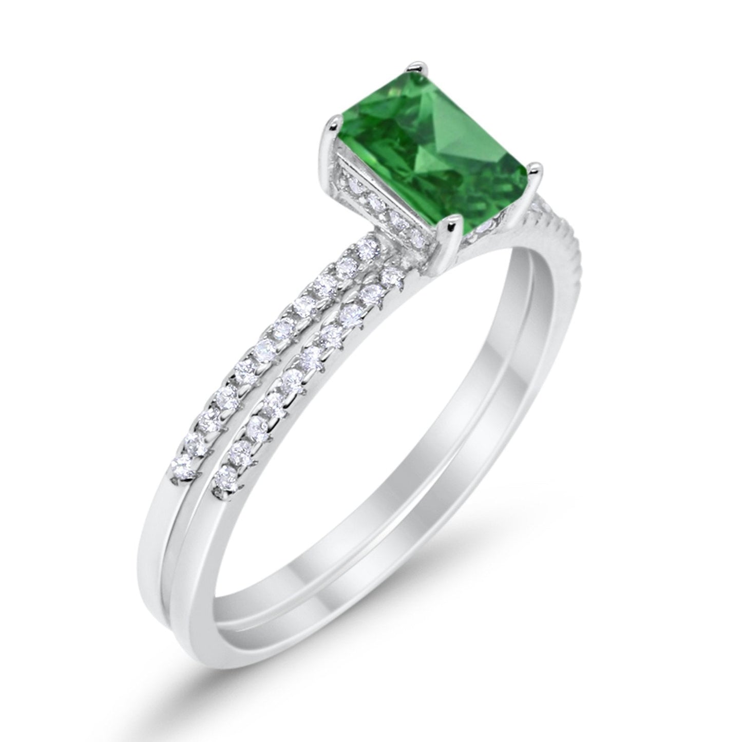 Art Deco Two Piece Wedding Radiant Simulated Emerald CZ Ring