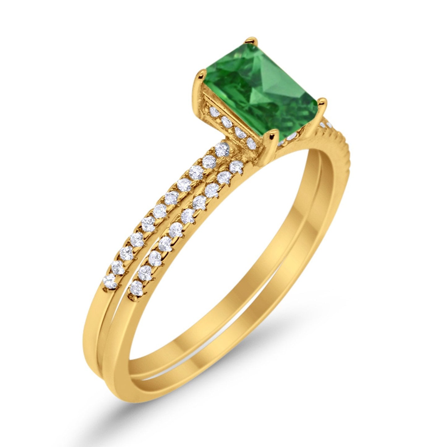 Art Deco Two Piece Wedding Ring Radiant Yellow Tone, Simulated Emerald CZ