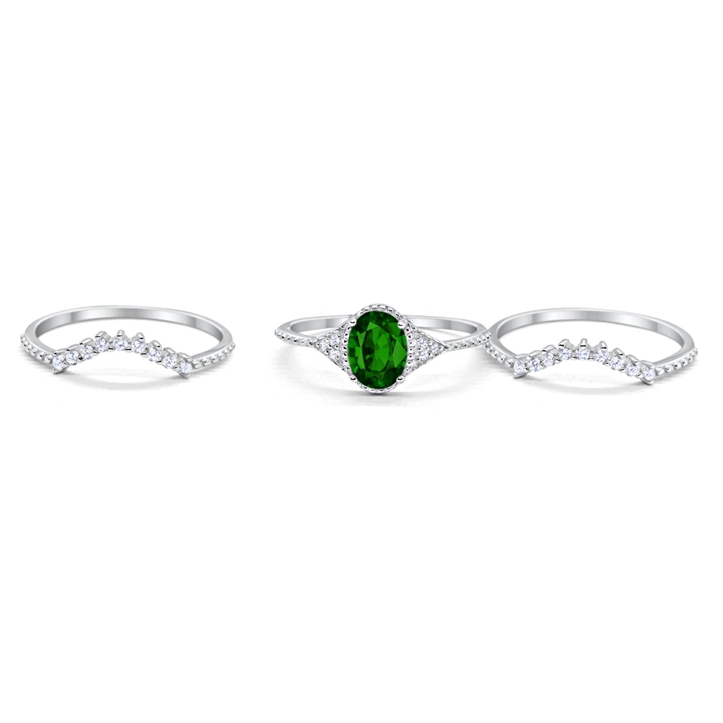 Three Piece Art Deco Simulated Green Emerald CZ Wedding Ring