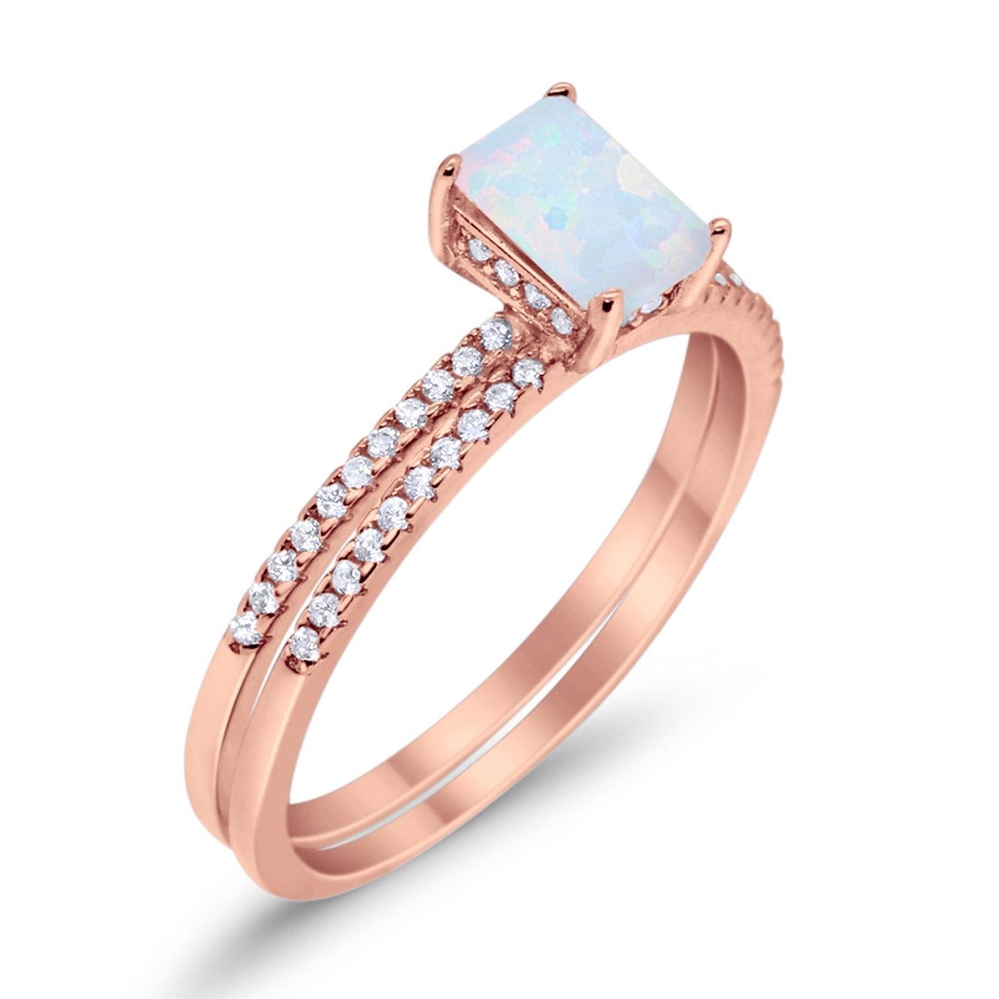 Art Deco Two Piece Wedding Ring Radiant Rose Tone, Lab Created White Opal