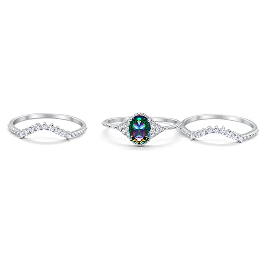 Three Piece Art Deco Simulated Rainbow CZ Wedding Ring