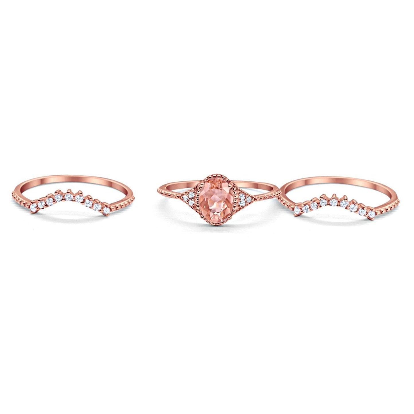 Three Piece Rose Tone, Simulated Morganite CZ Wedding Ring