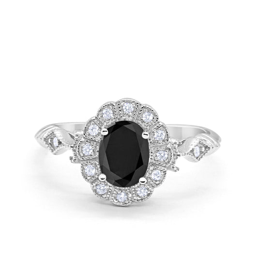 Oval Art Deco Engagement Bridal Ring Simulated Black CZ