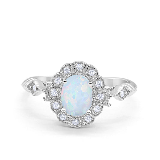 Oval Art Deco Engagement Bridal Ring Lab Created White Opal