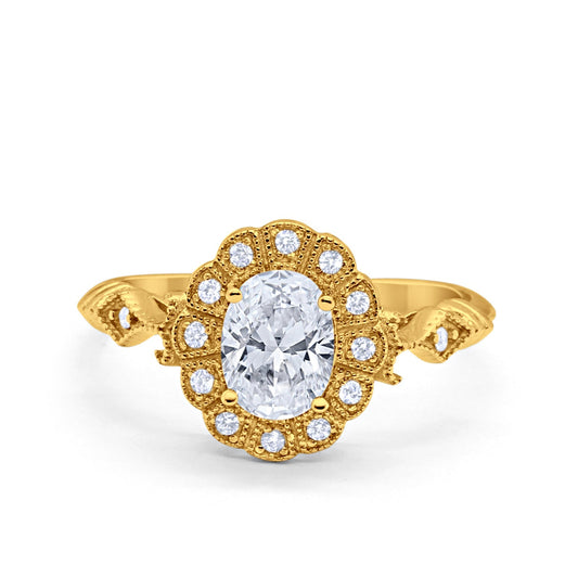 Oval Art Deco Enagement Bridal Ring Yellow Tone, Simulated Cubic Zirconia