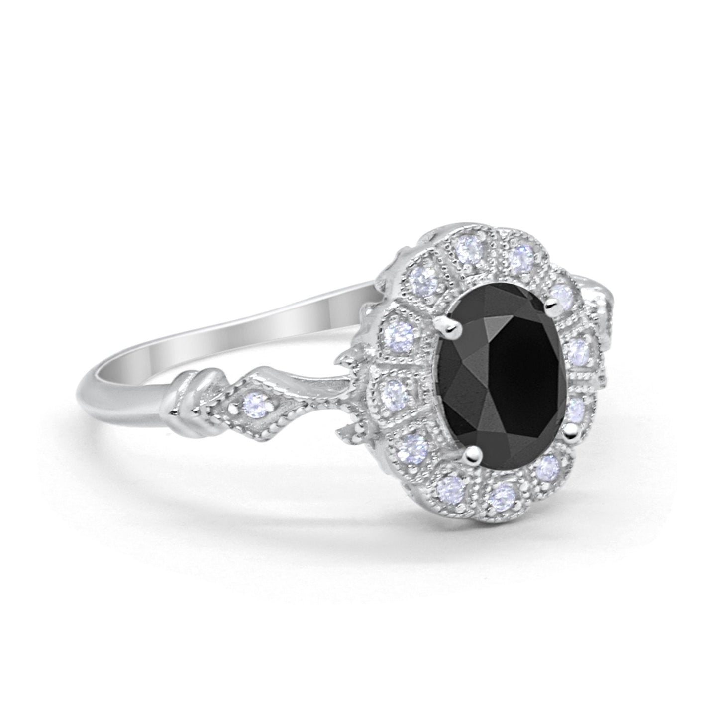 Oval Art Deco Engagement Bridal Ring Simulated Black CZ