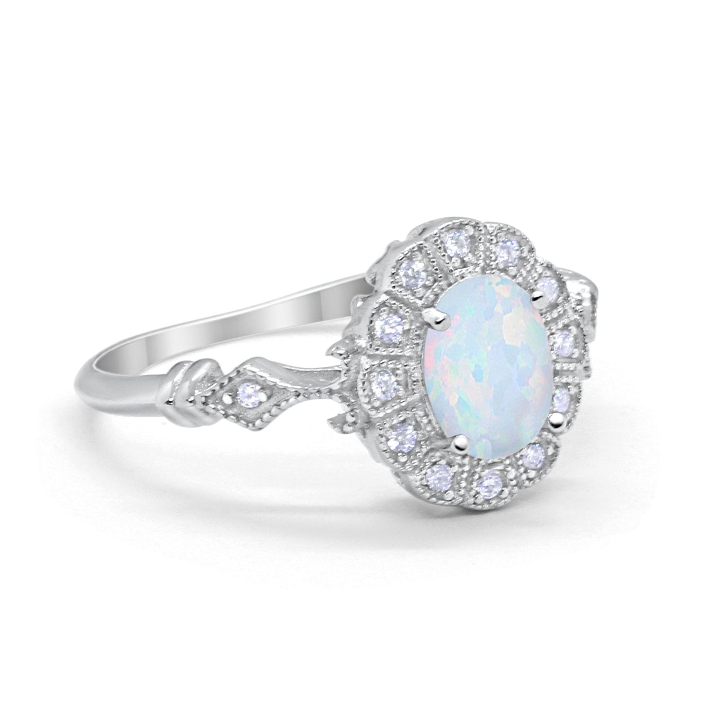 Oval Art Deco Engagement Bridal Ring Lab Created White Opal