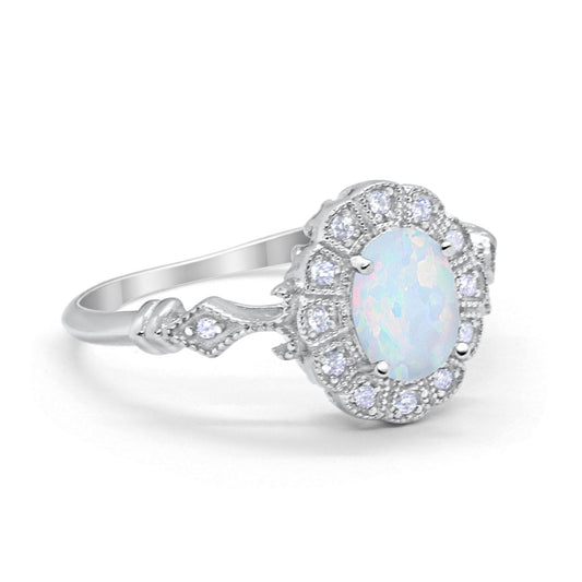 Oval Art Deco Engagement Bridal Ring Lab Created White Opal