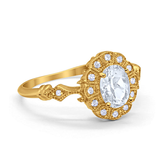 Oval Art Deco Enagement Bridal Ring Yellow Tone, Simulated Cubic Zirconia