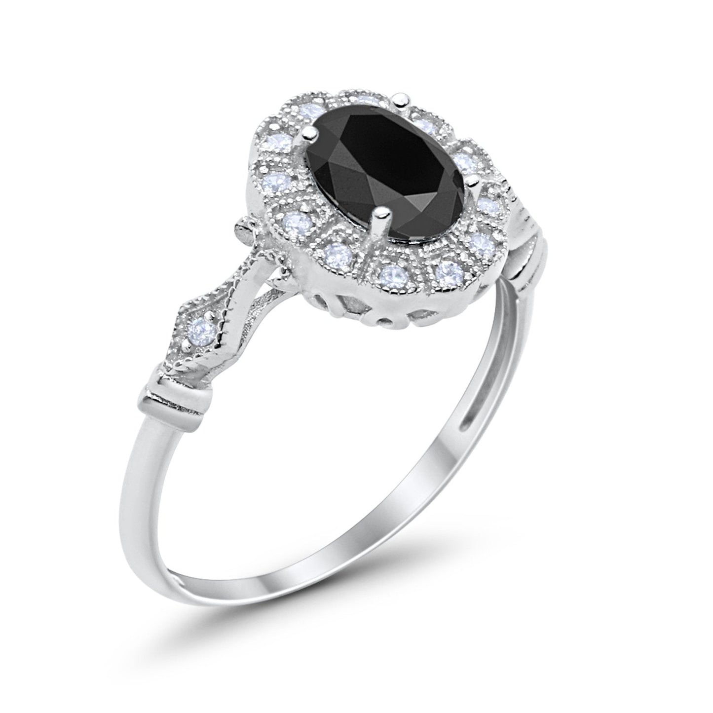 Oval Art Deco Engagement Bridal Ring Simulated Black CZ