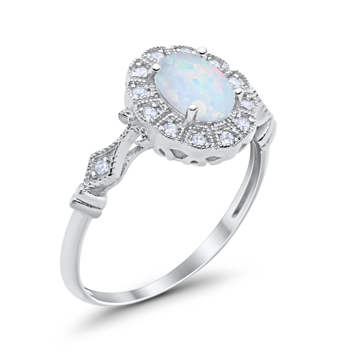 Oval Art Deco Engagement Bridal Ring Lab Created White Opal