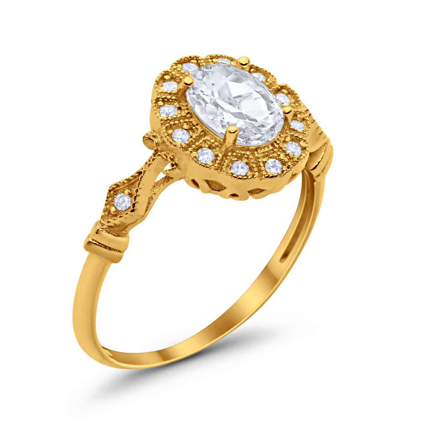 Oval Art Deco Enagement Bridal Ring Yellow Tone, Simulated Cubic Zirconia