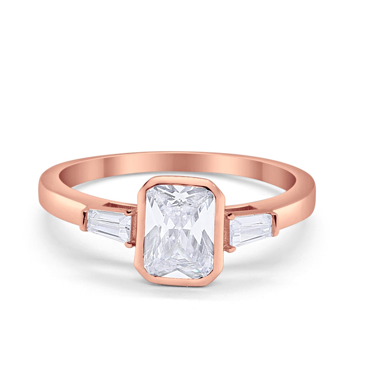 3-Stone Baguette Engagement Ring Rose Tone, Simulated CZ