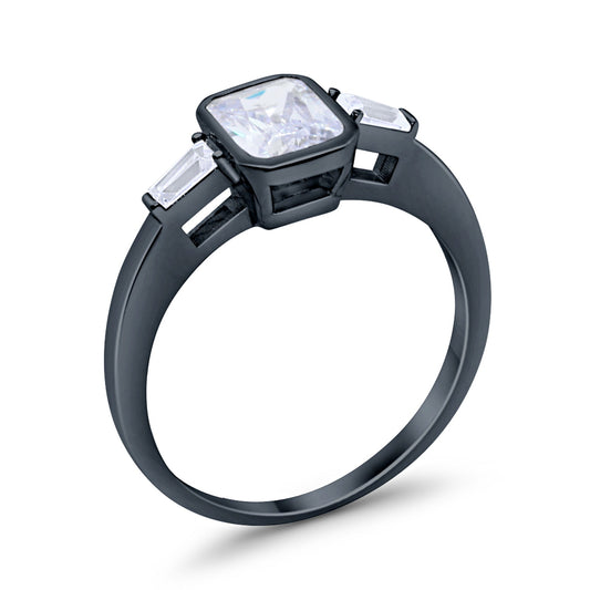 3-Stone Baguette Engagement Ring Black Tone, Simulated CZ