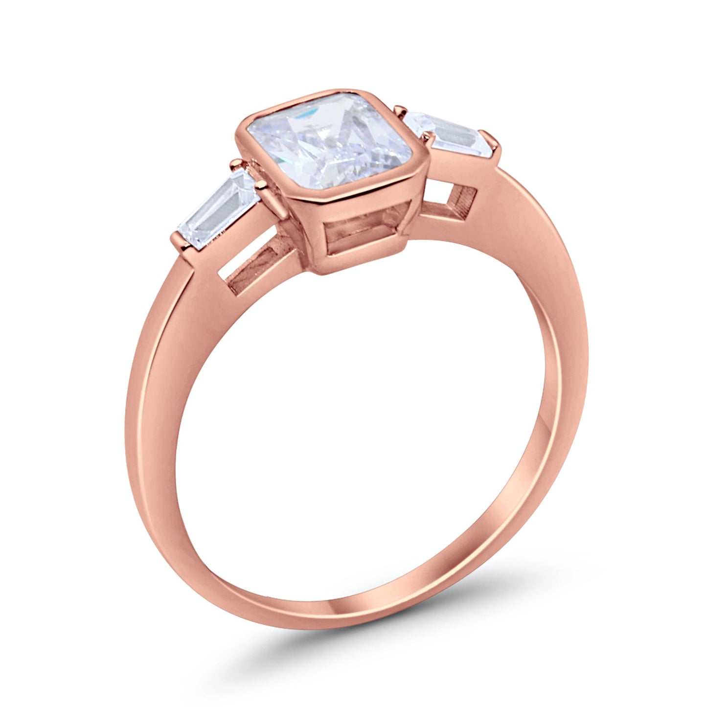 3-Stone Baguette Engagement Ring Rose Tone, Simulated CZ