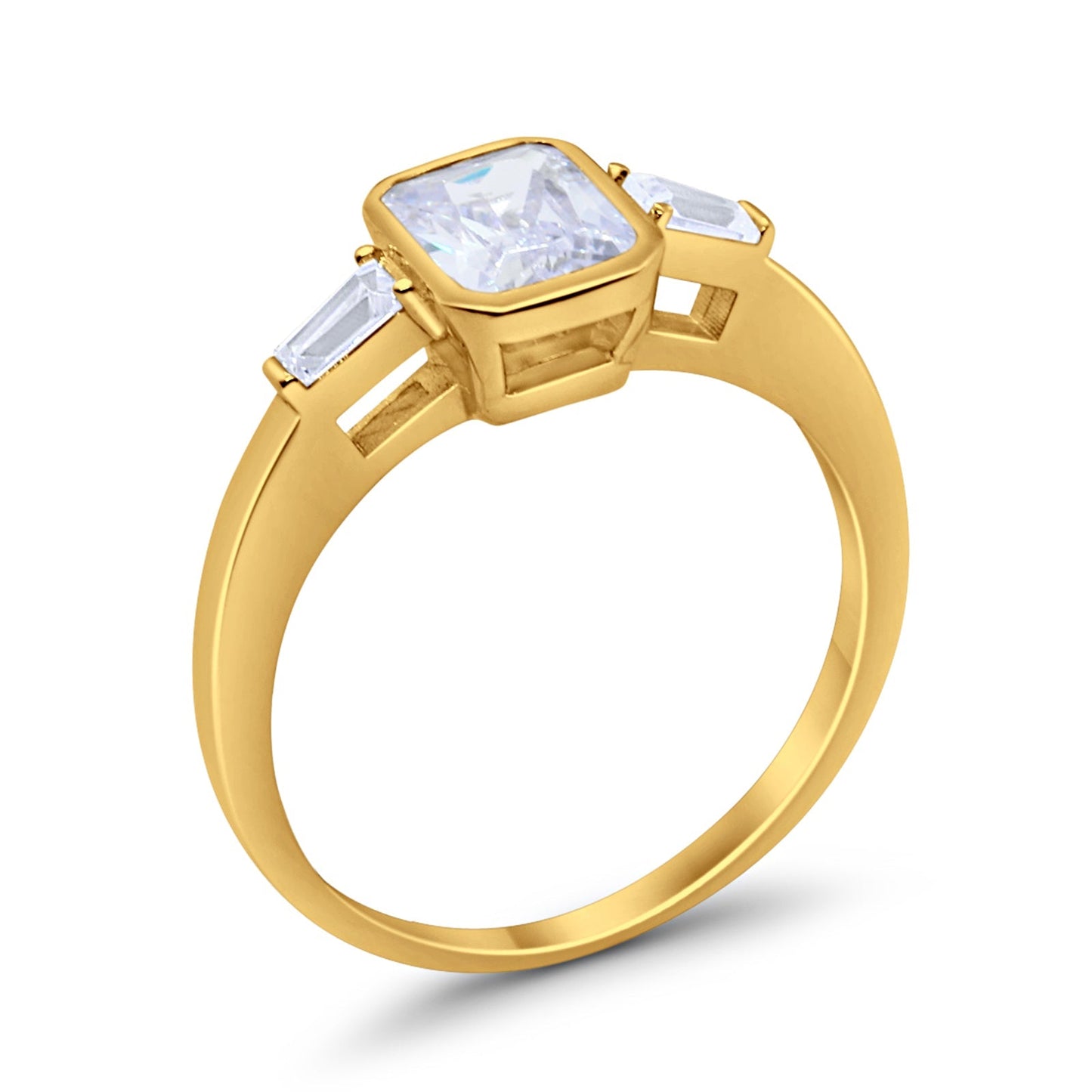 3-Stone Baguette Engagement Ring Yellow Tone, Simulated CZ