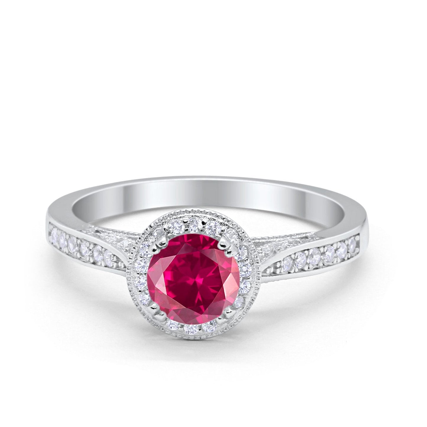 Halo Art Deco Engagement Ring Round Simulated Ruby CZ