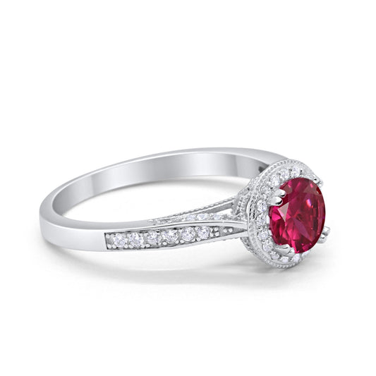 Halo Art Deco Engagement Ring Round Simulated Ruby CZ