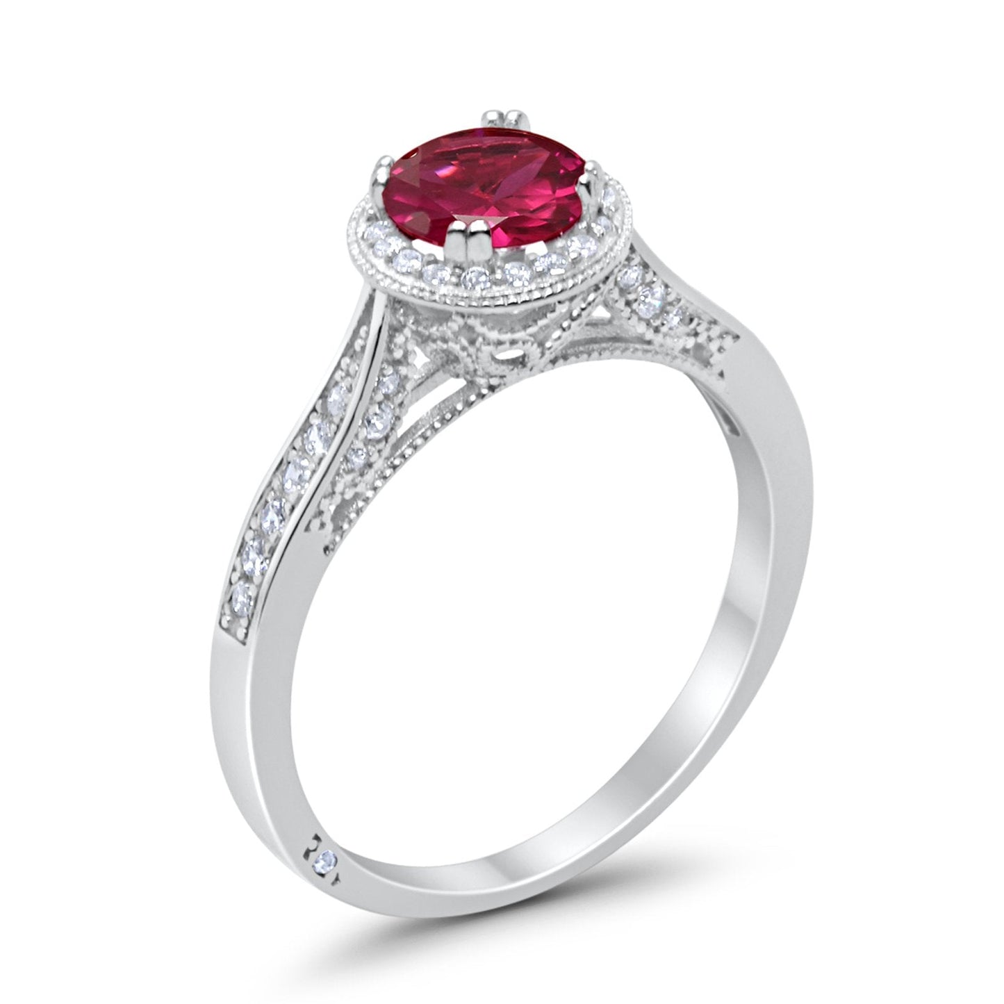 Halo Art Deco Engagement Ring Round Simulated Ruby CZ