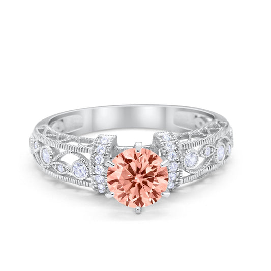 Art Deco Wedding Promise Ring Round Simulated Morganite CZ