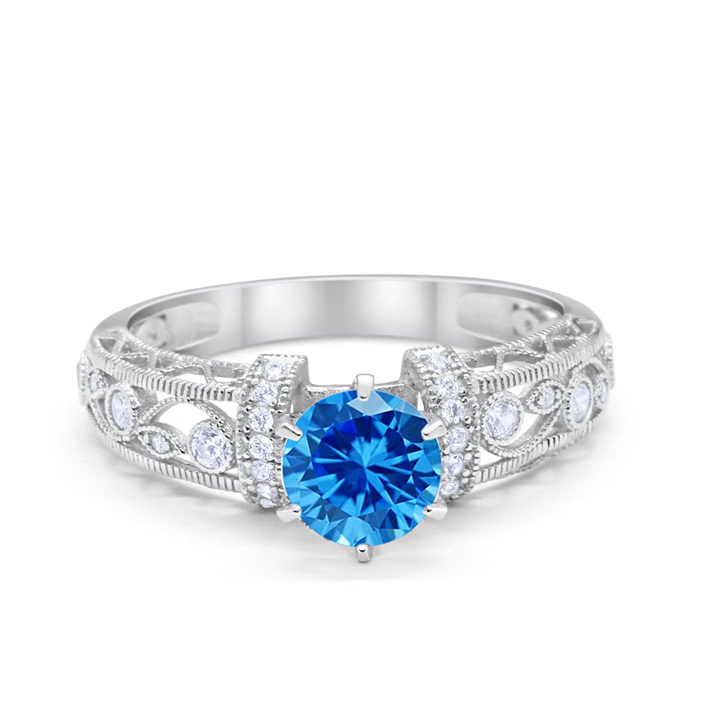 Art Deco Round Simulated Blue Topaz CZ Wedding Promise Ring