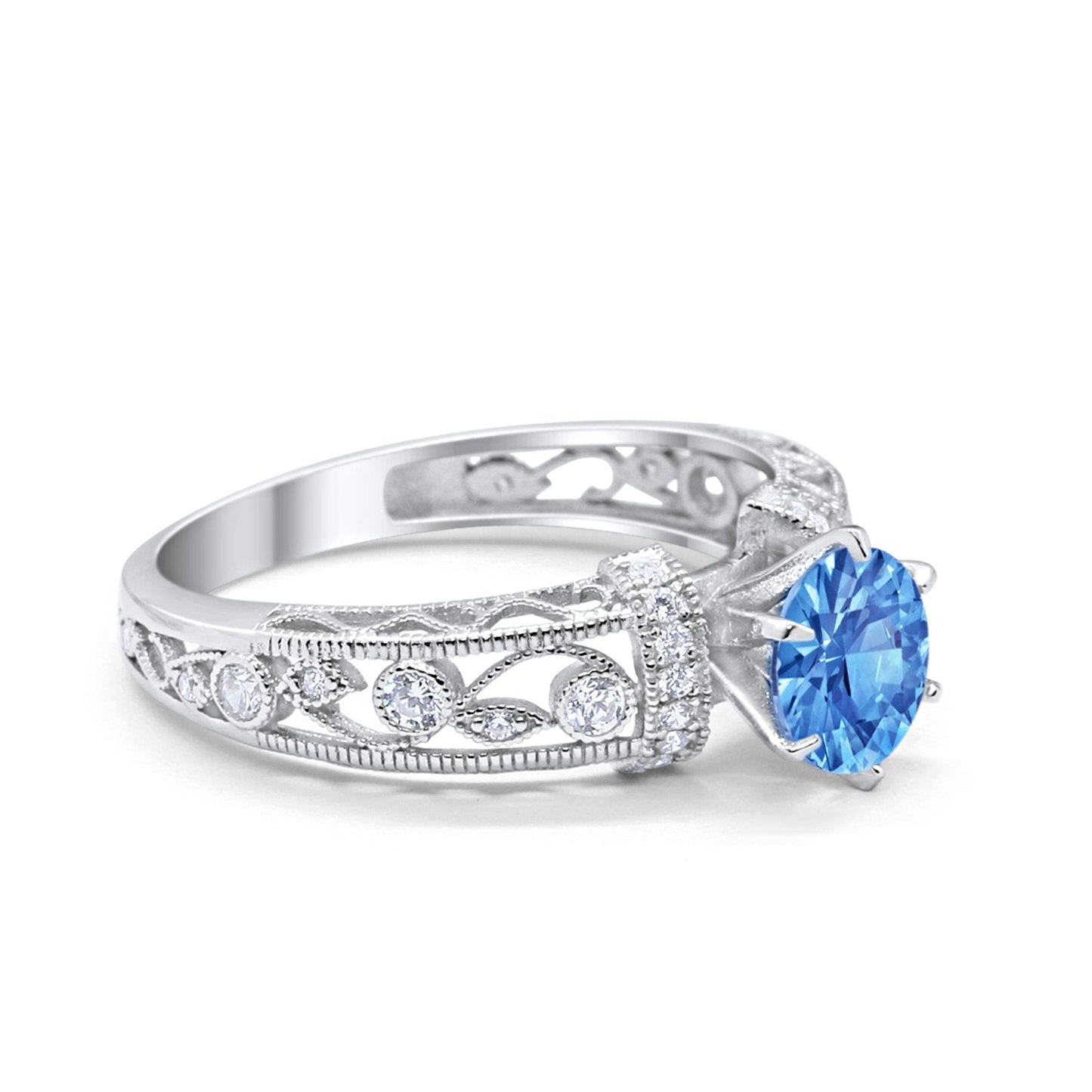 Art Deco Round Simulated Blue Topaz CZ Wedding Promise Ring