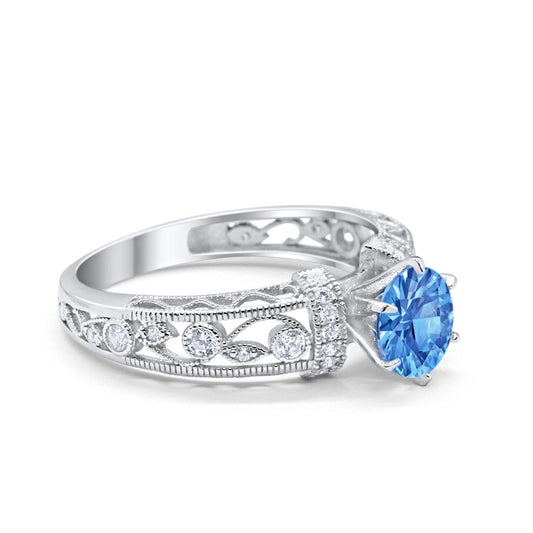 Art Deco Round Simulated Blue Topaz CZ Wedding Promise Ring