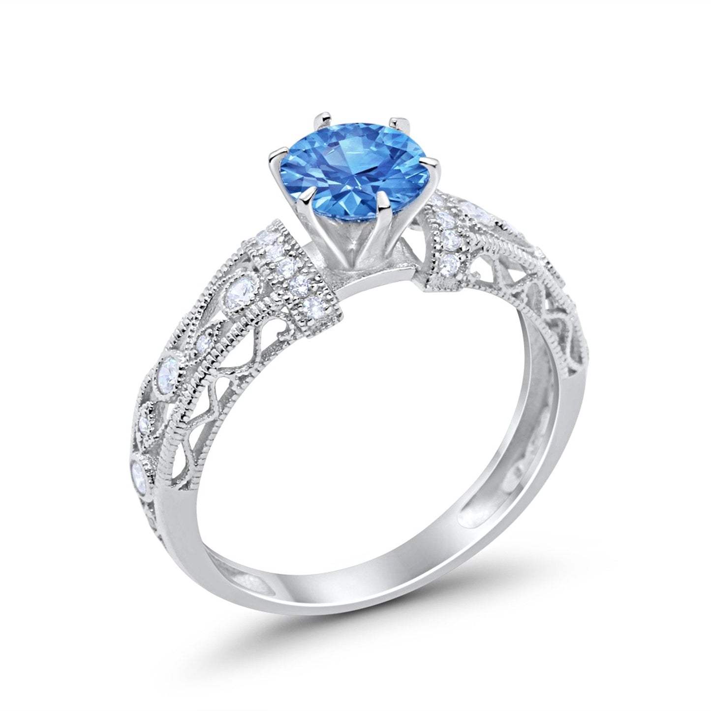 Art Deco Round Simulated Blue Topaz CZ Wedding Promise Ring