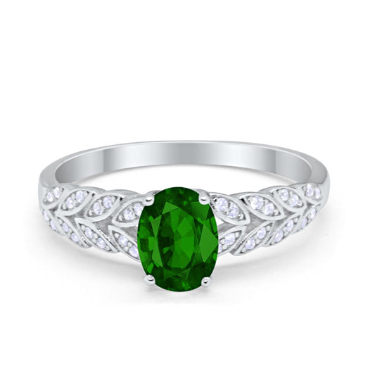 Solitaire Floral Accent Oval Simulated Green Emerald CZ Wedding Ring