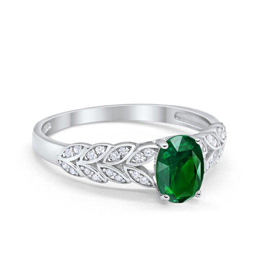 Solitaire Floral Accent Oval Simulated Green Emerald CZ Wedding Ring