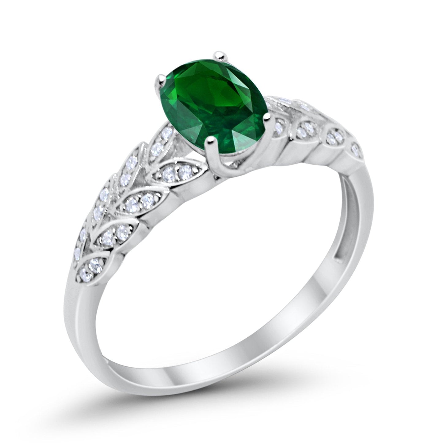 Solitaire Floral Accent Oval Simulated Green Emerald CZ Wedding Ring