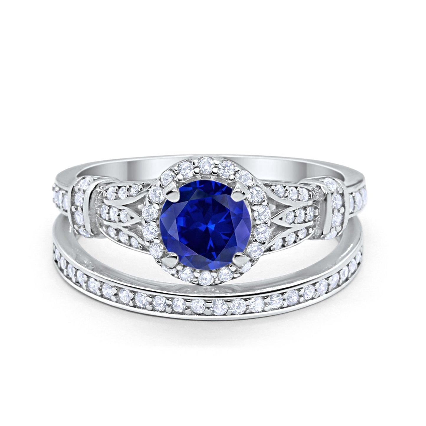 Two Piece Wedding Promise Ring Simulated Blue Sapphire CZ