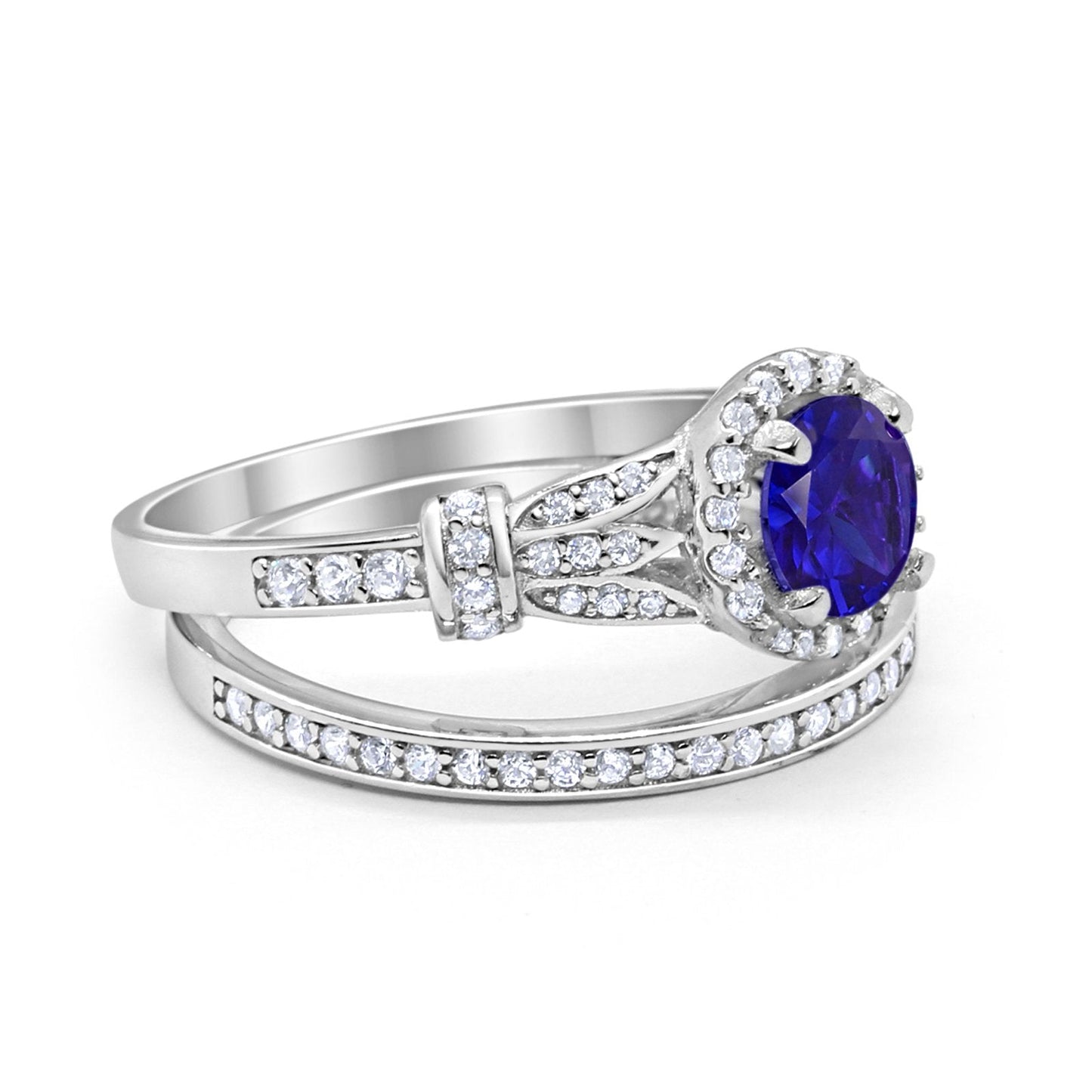 Two Piece Wedding Promise Ring Simulated Blue Sapphire CZ