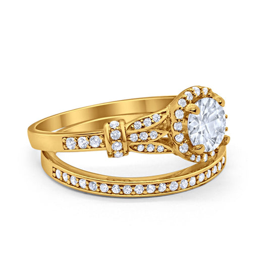 Two Piece Wedding Promise Ring Yellow Tone, Simulated CZ