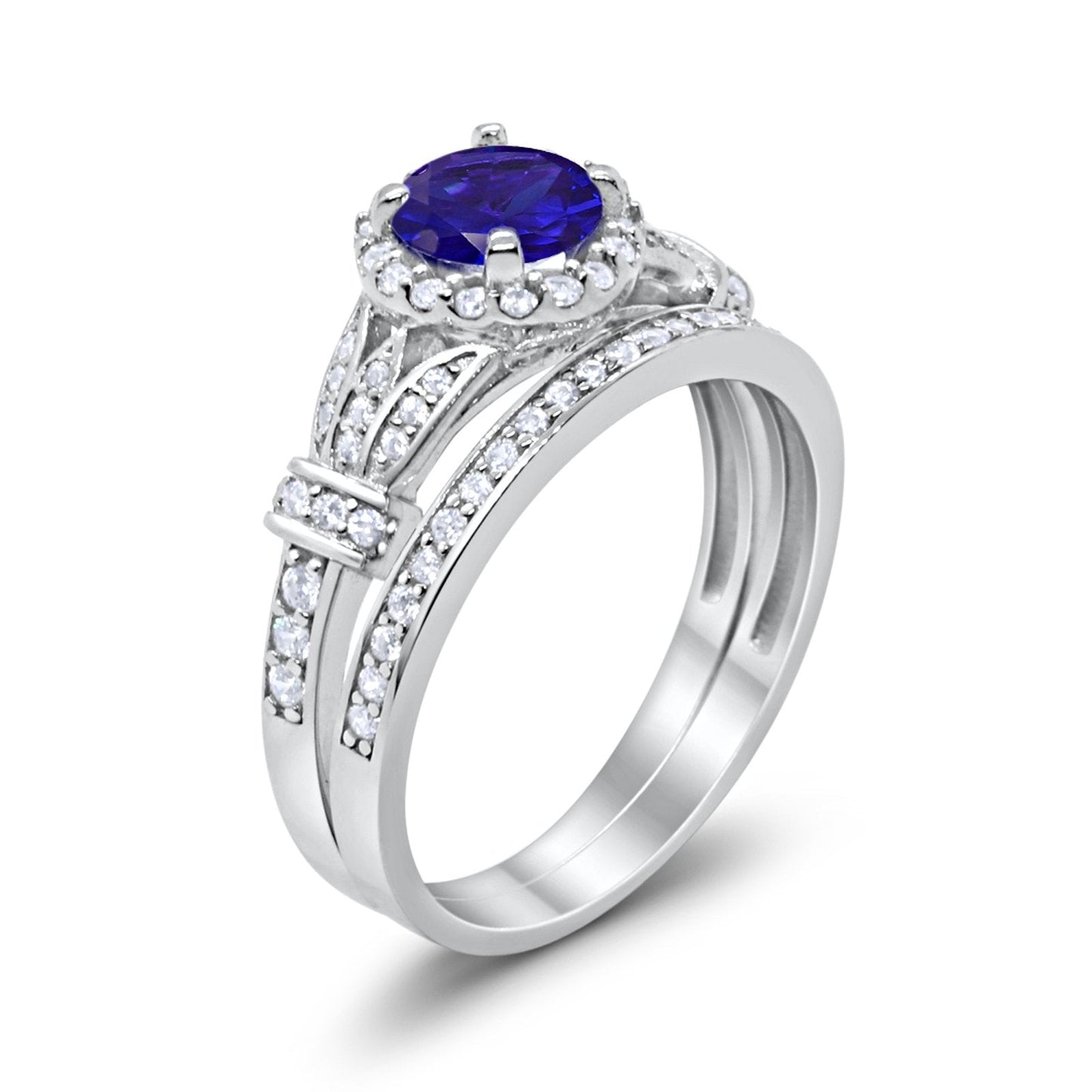 Two Piece Wedding Promise Ring Simulated Blue Sapphire CZ