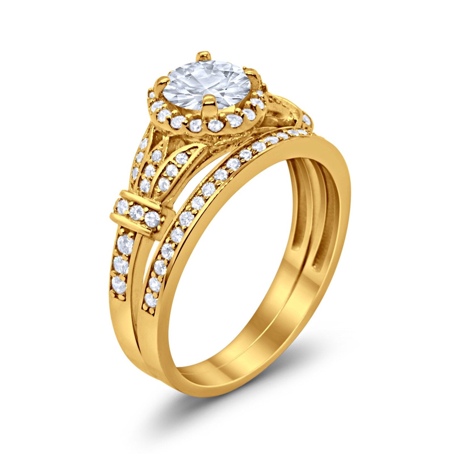 Two Piece Wedding Promise Ring Yellow Tone, Simulated CZ