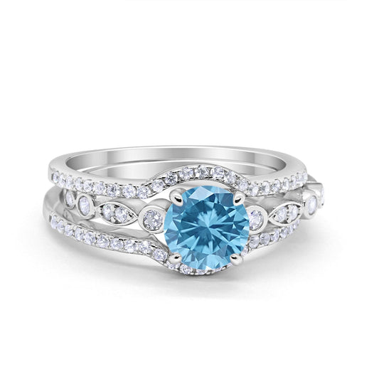 Trio Set Three Piece Wedding Ring Round Simulated Aquamarine CZ