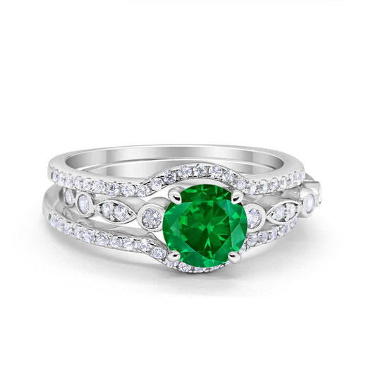 Trio Set Three Piece Wedding Ring Round Simulated Green Emerald CZ