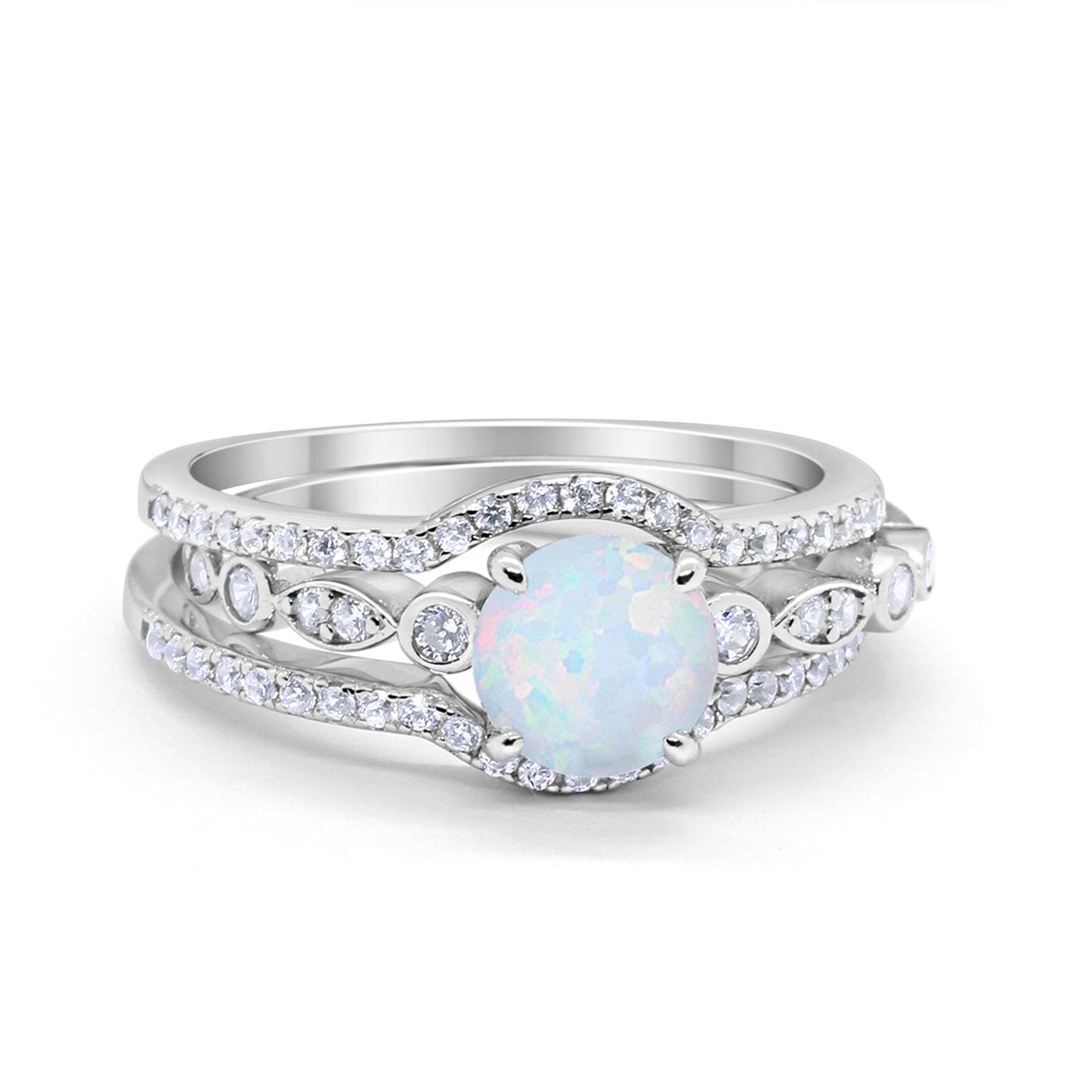 Trio Set Three Piece Round Lab White Opal Wedding Ring