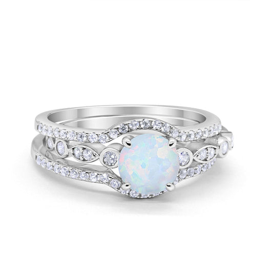 Trio Set Three Piece Round Lab White Opal Wedding Ring