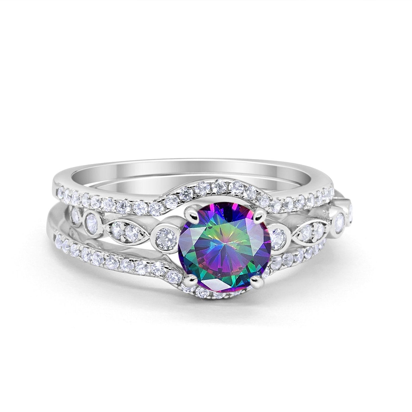 Trio Set Three Piece Round Simulated Rainbow CZ Wedding Ring