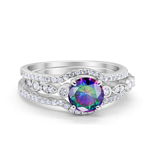 Trio Set Three Piece Round Simulated Rainbow CZ Wedding Ring