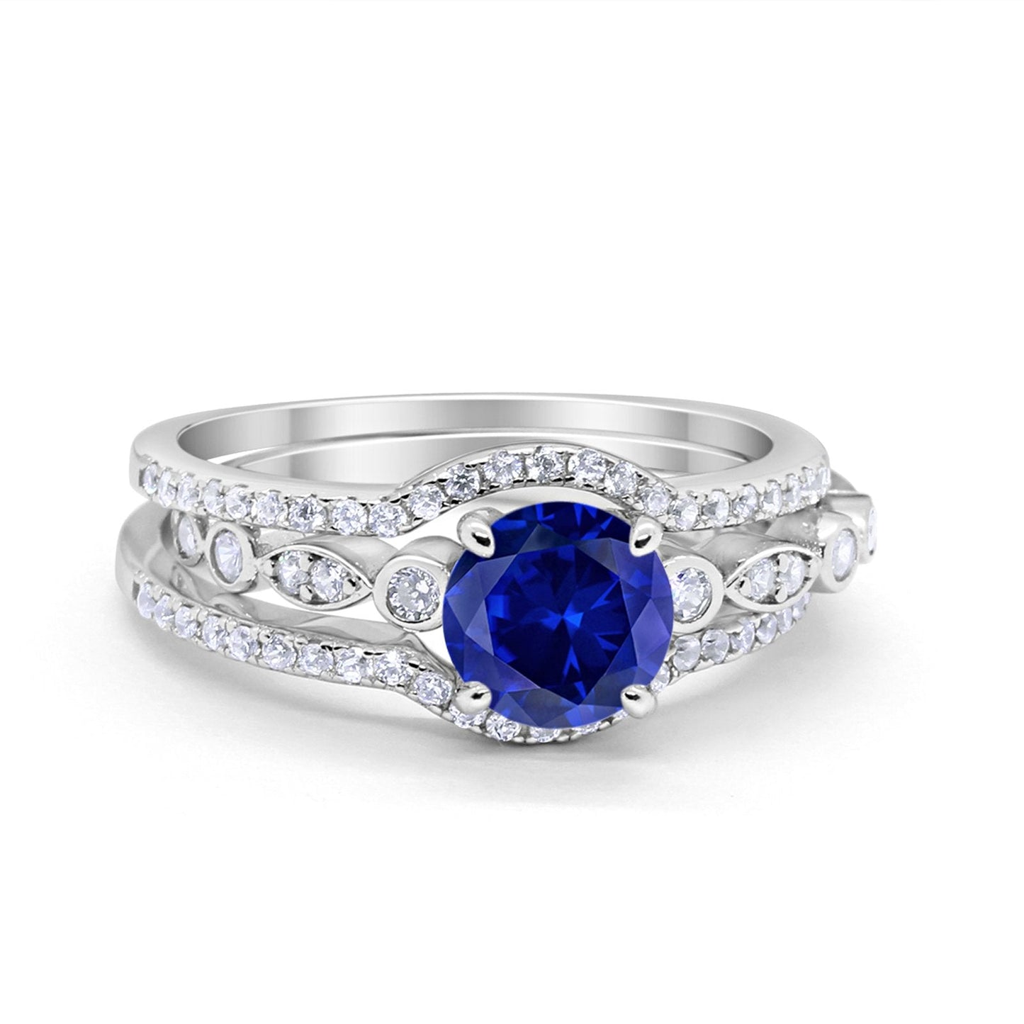 Trio Set Three Piece Round Simulated Blue Sapphire CZ Wedding Ring