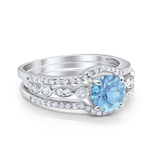 Trio Set Three Piece Wedding Ring Round Simulated Aquamarine CZ