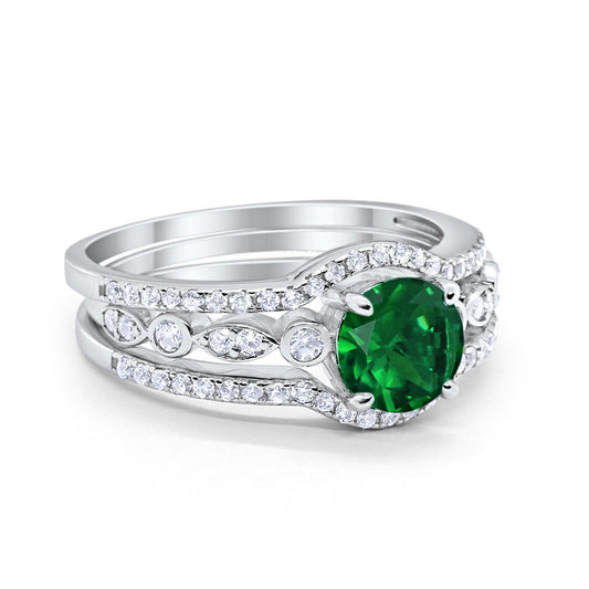 Trio Set Three Piece Wedding Ring Round Simulated Green Emerald CZ