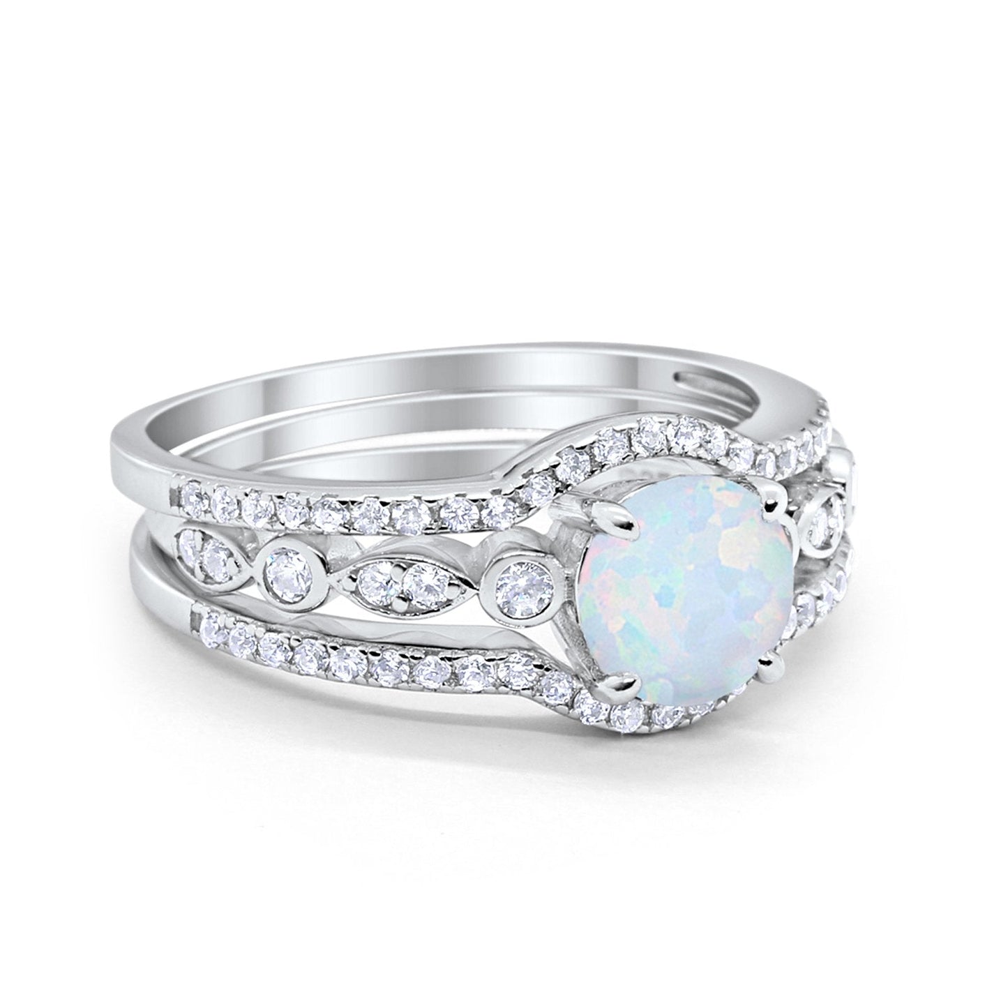 Trio Set Three Piece Round Lab White Opal Wedding Ring